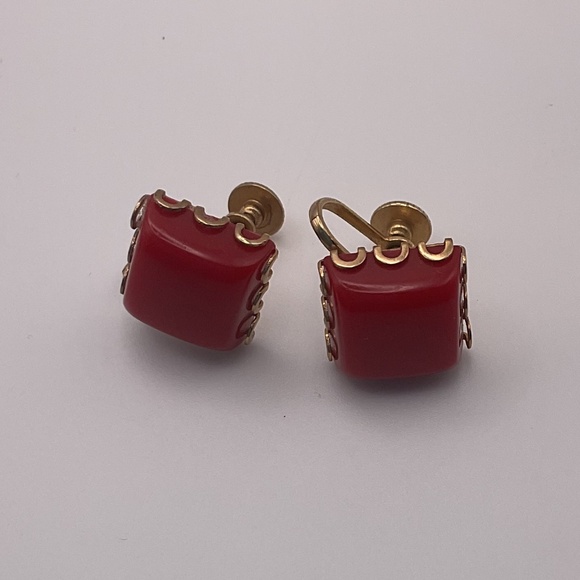 Vintage Gold Tone Delsa Screw Back Earrings with Red Lucite Bead - Picture 1 of 4